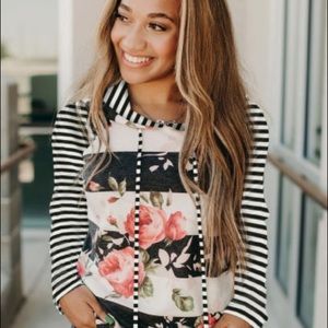 Black Floral Stripe Hooded Drawstring Long Sleeve